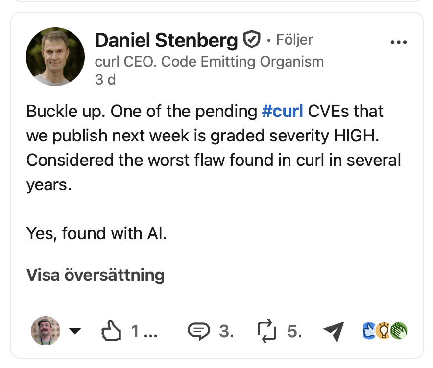 Daniel Stenberg describing an AI-discovered vulnerability in curl with the severity rating HIGH.